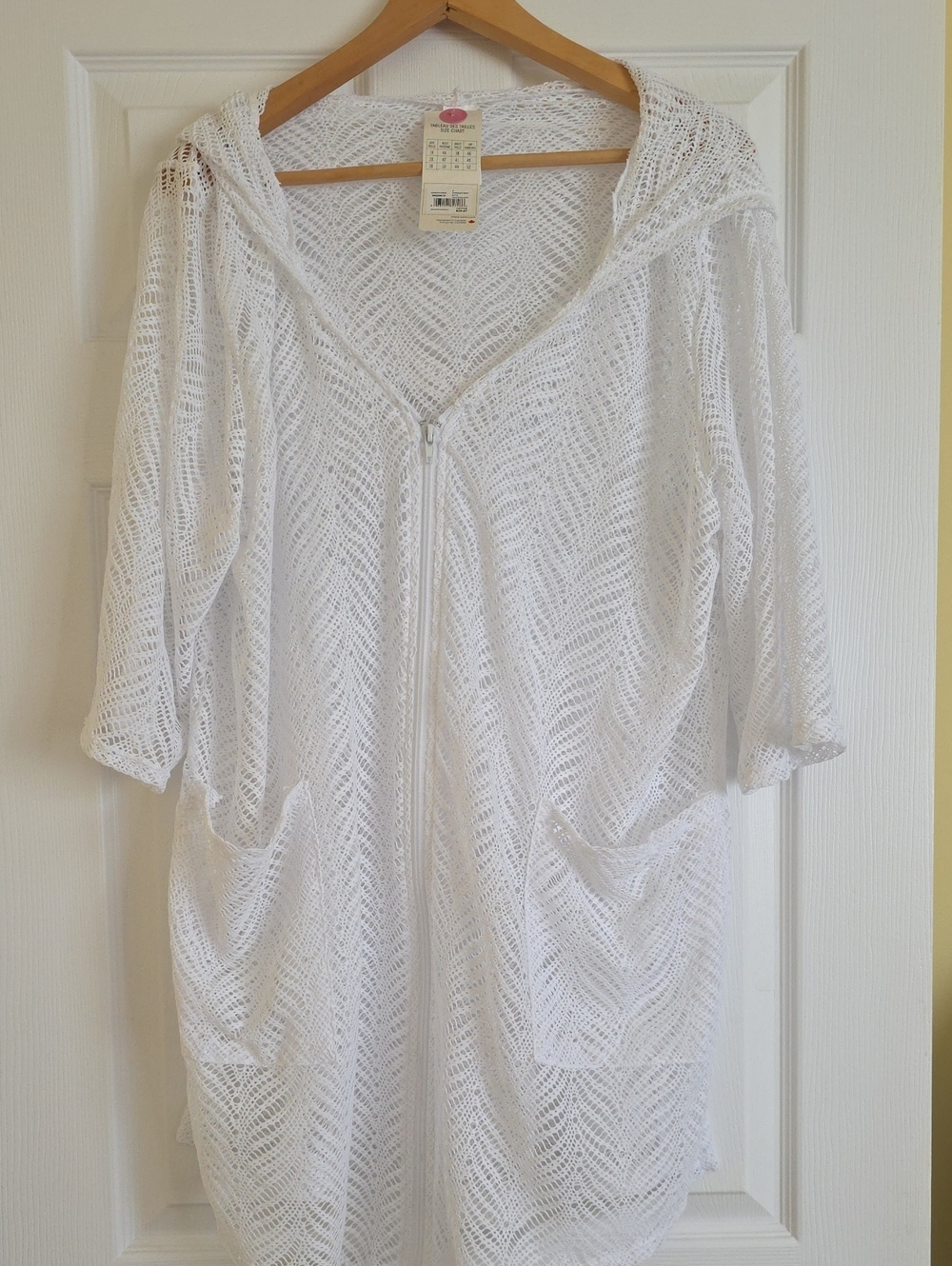 White Crochet Hooded Swim Cover-Up with Zip and Pockets